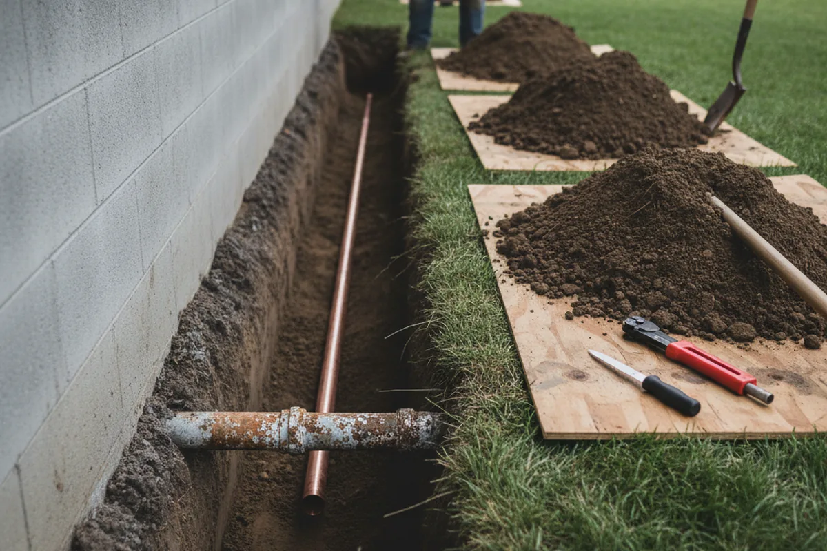 Excavated water line trench during Water Softener Installation in Springtown